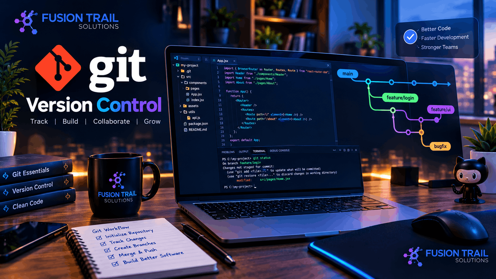 Git version control and branching workflow for developers